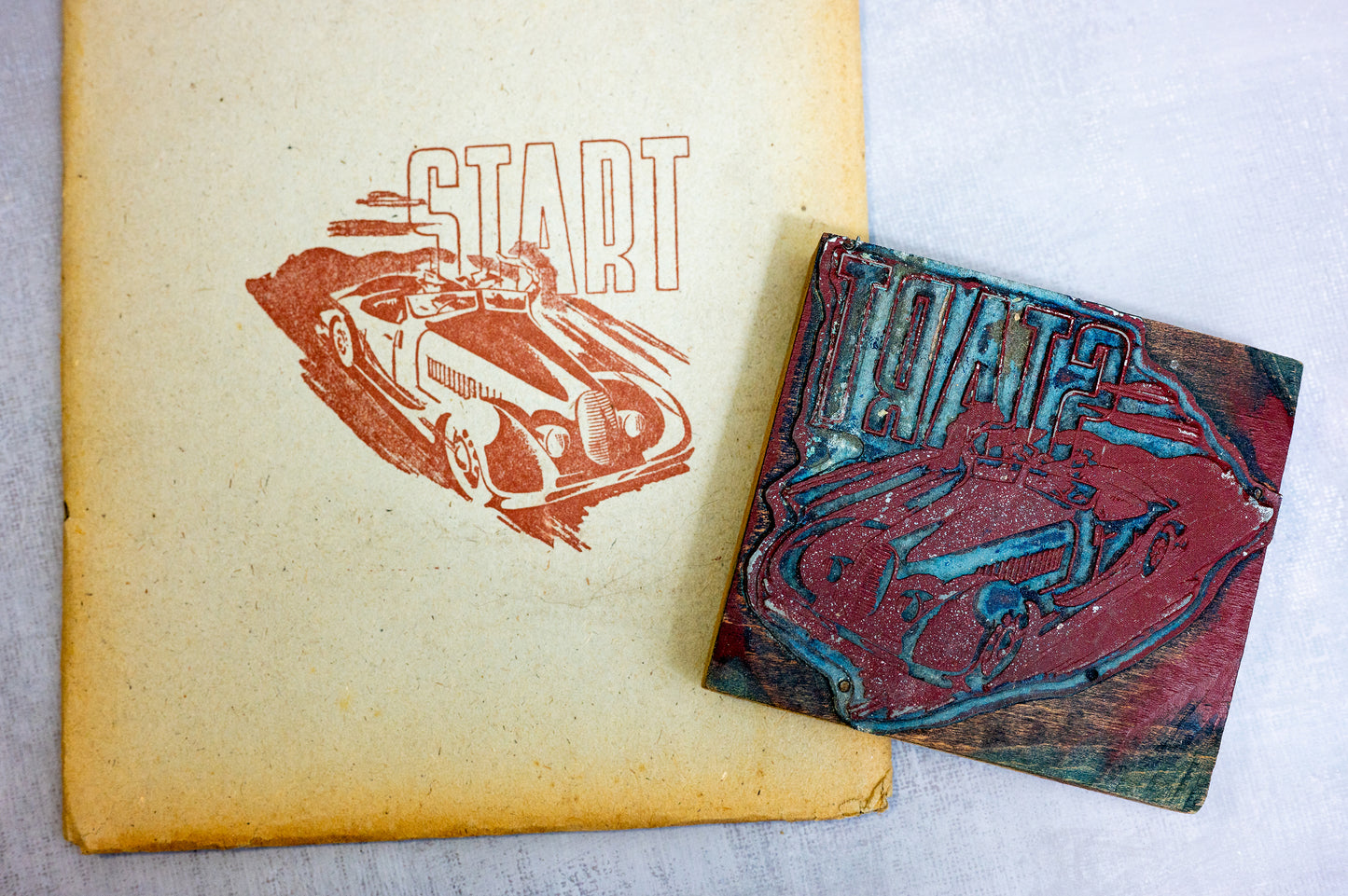 Old Printing Block START With Oldtimer Car