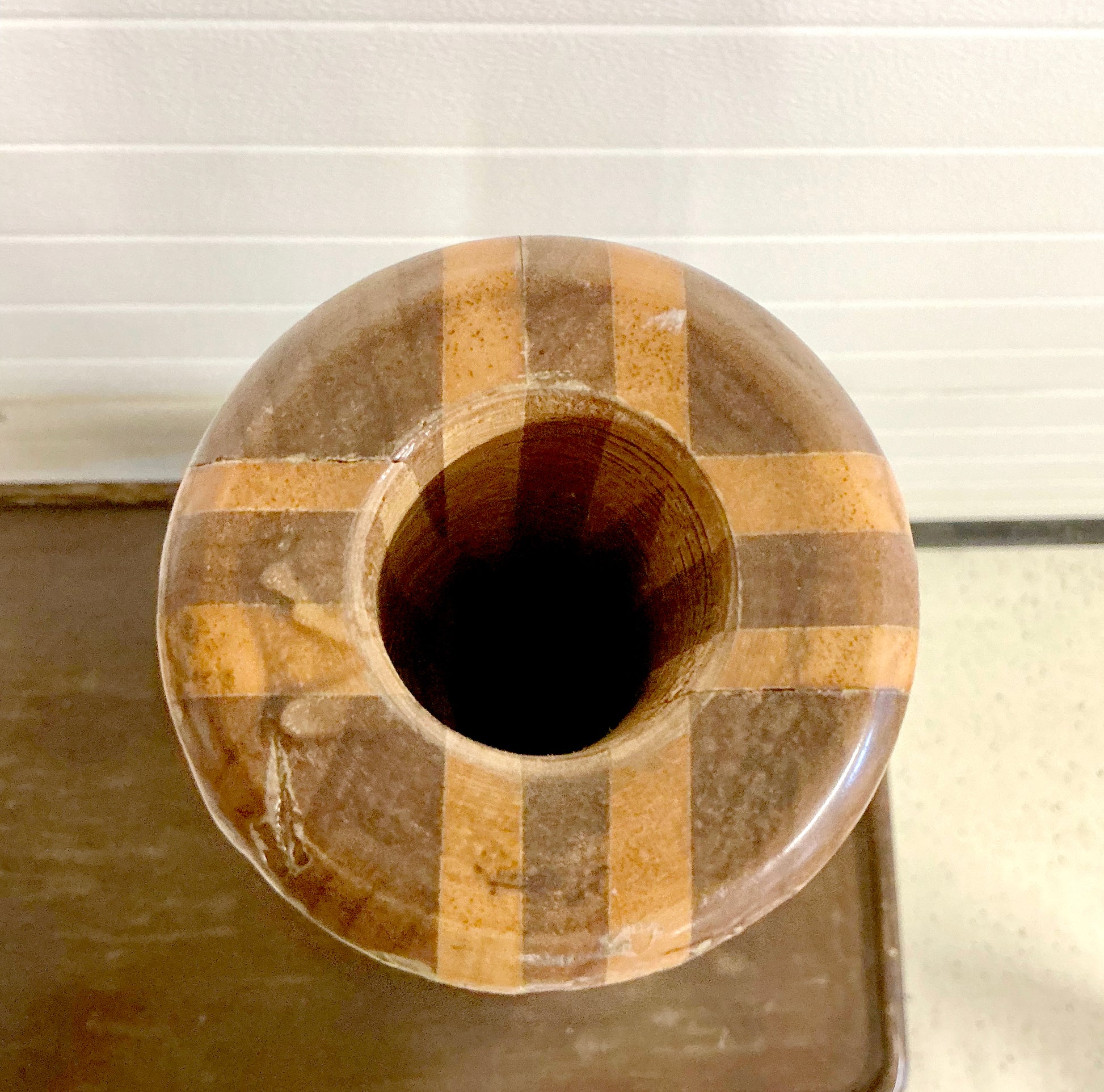 Tall vintage wood vase stand mid century Top view