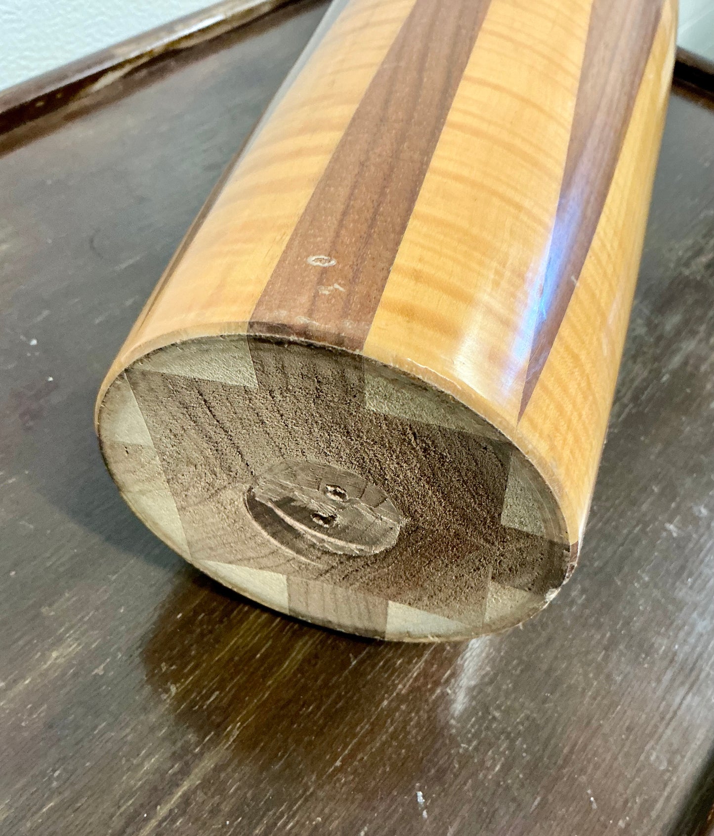 Tall vintage wood vase stand mid century Bottom view