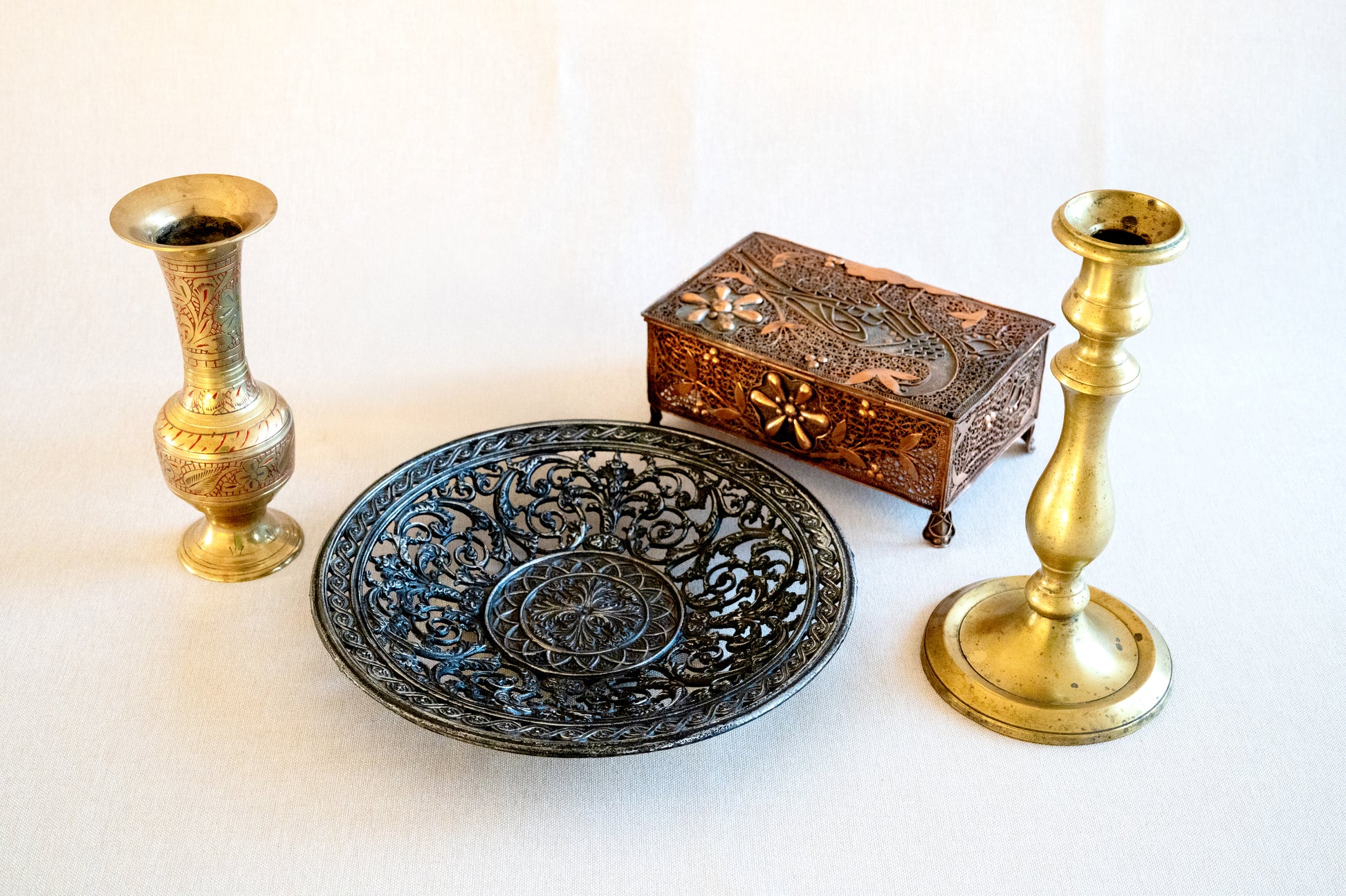 VTG Brass Indian Vase Candle Holder Copper Jewelry Box Case