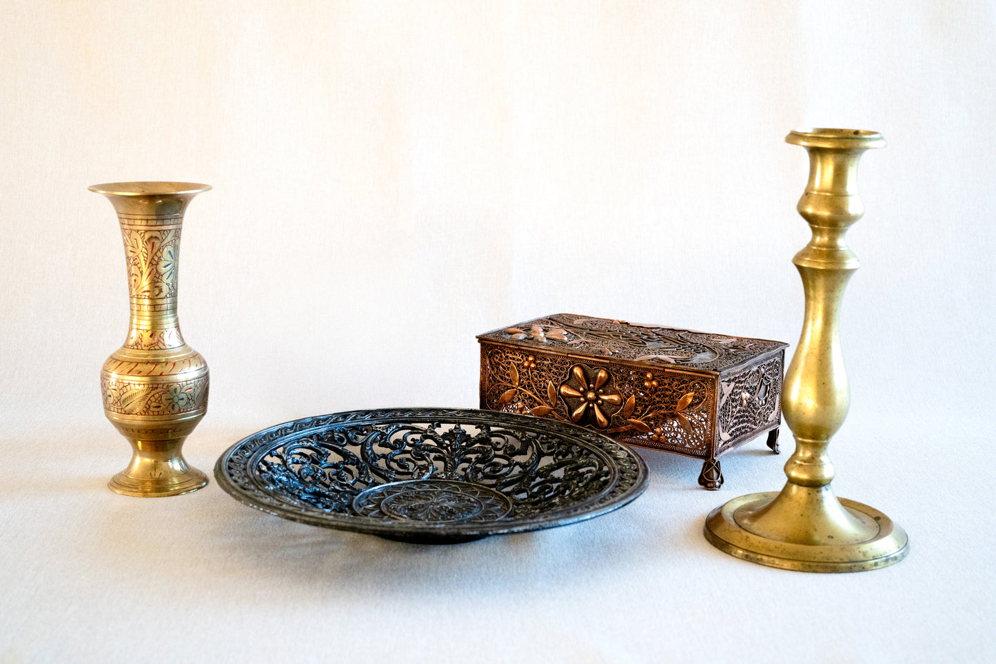 VTG Brass Indian Vase Candle Holder Copper Jewelry Box Case Mix