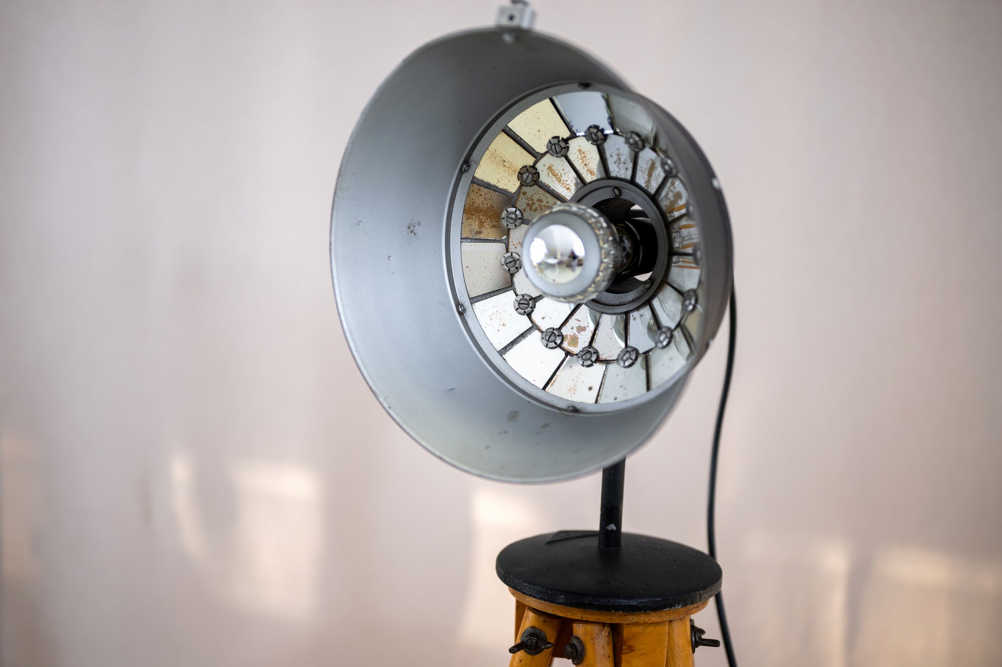 Vintage wooden tripod with details of lamp Weinert Berlin