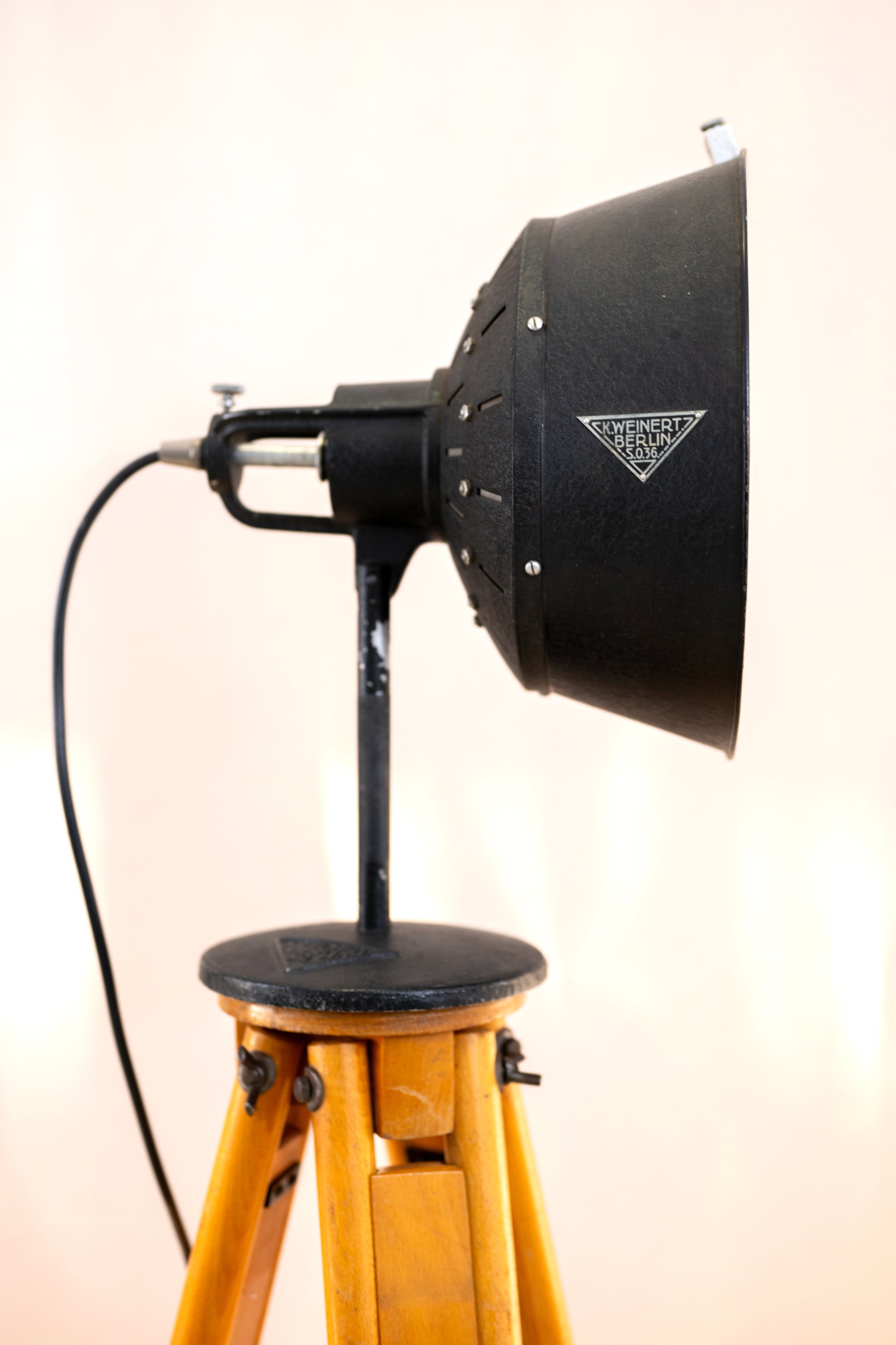 Vintage wooden tripod with lamp Weinert Berlin