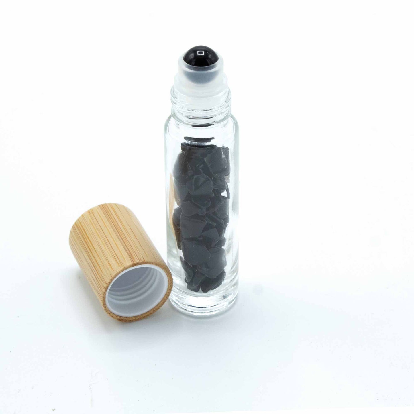 Gemstone Essential Oil Roller Bottle - Black Tourmaline - Wooden Cap + Gemstone Roller Tip for 5ml Bottle - Black Tourmaline