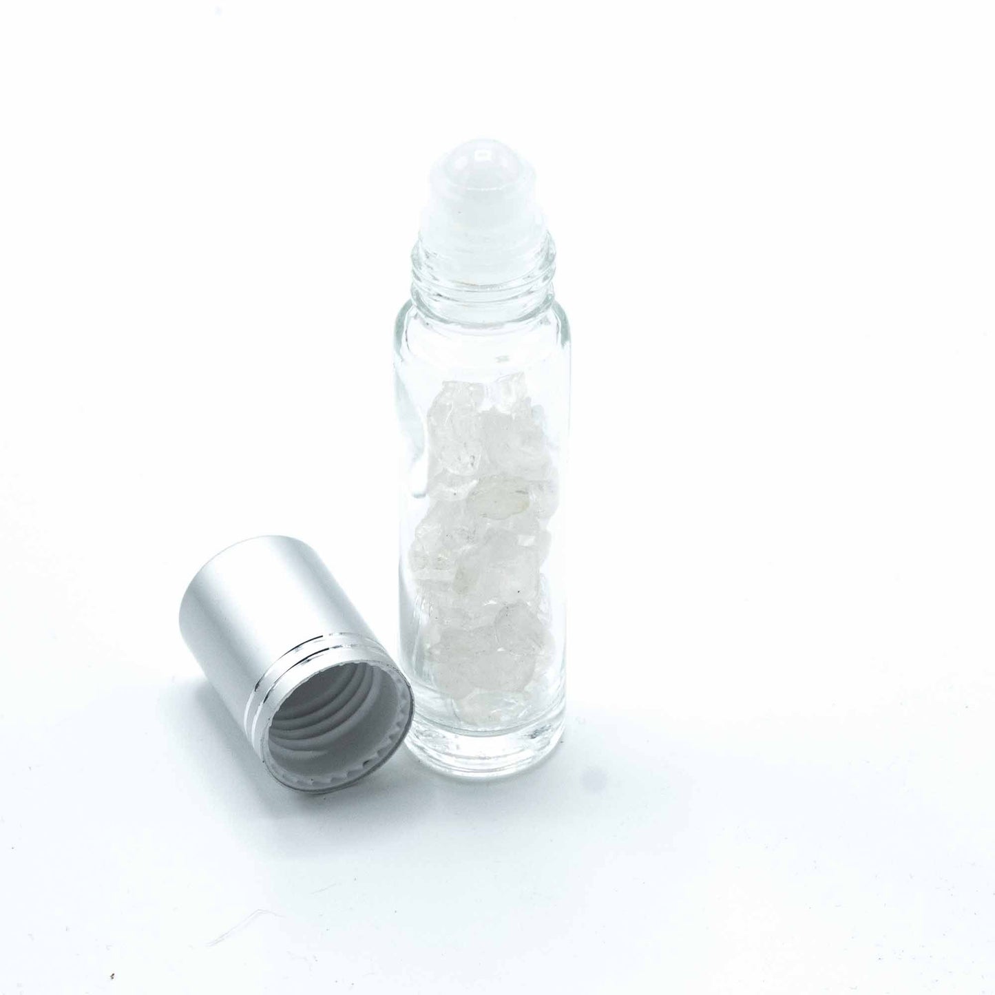 Gemstone Essential Oil Roller Bottle - Rock Quartz - Silver Cap + Gemstone Roller Tip for 5ml Bottle - Rock Quartz