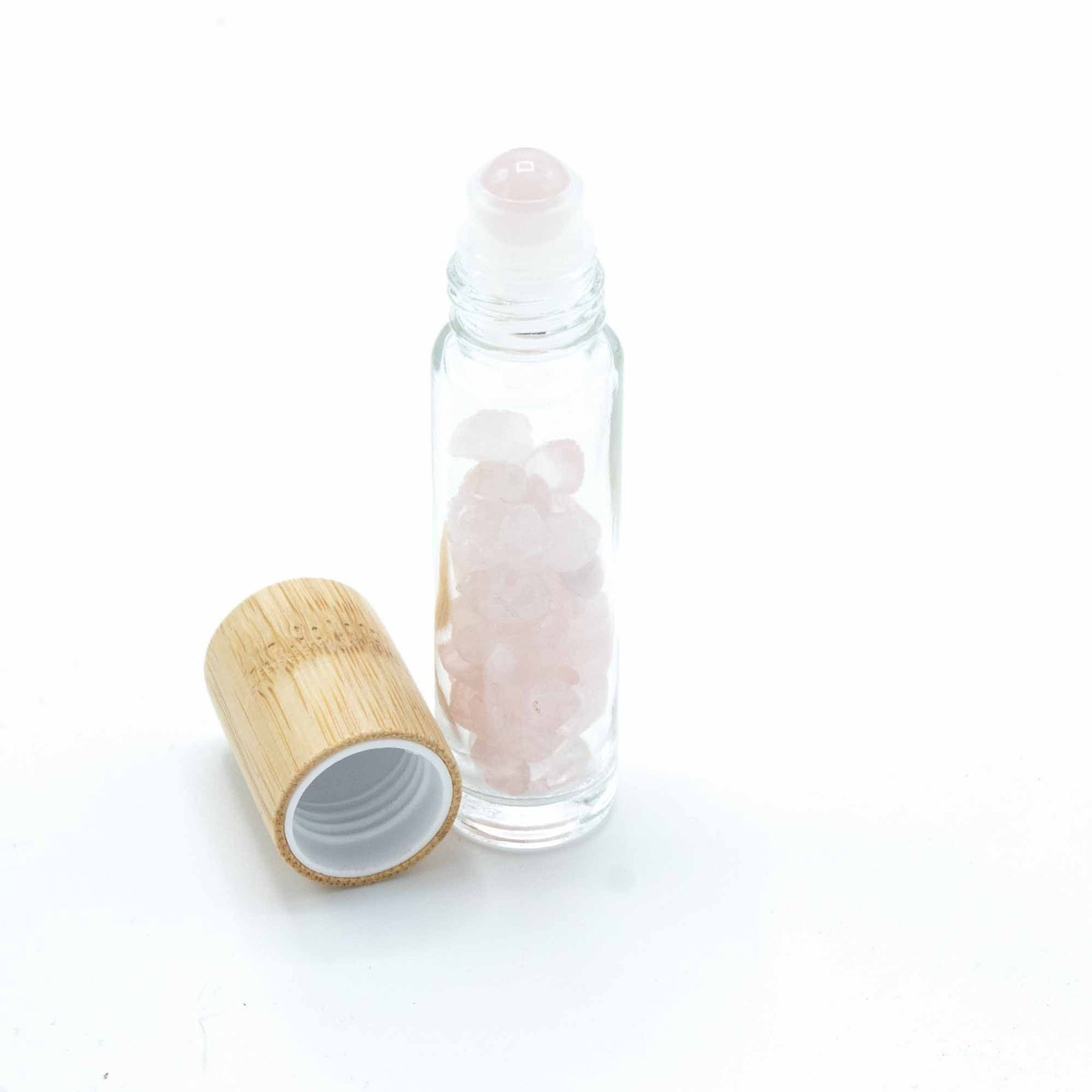 Gemstone Essential Oil Roller Bottle - Rose Quartz - Wooden Cap + Gemstone Roller Tip for 5ml Bottle - Rose Quartz