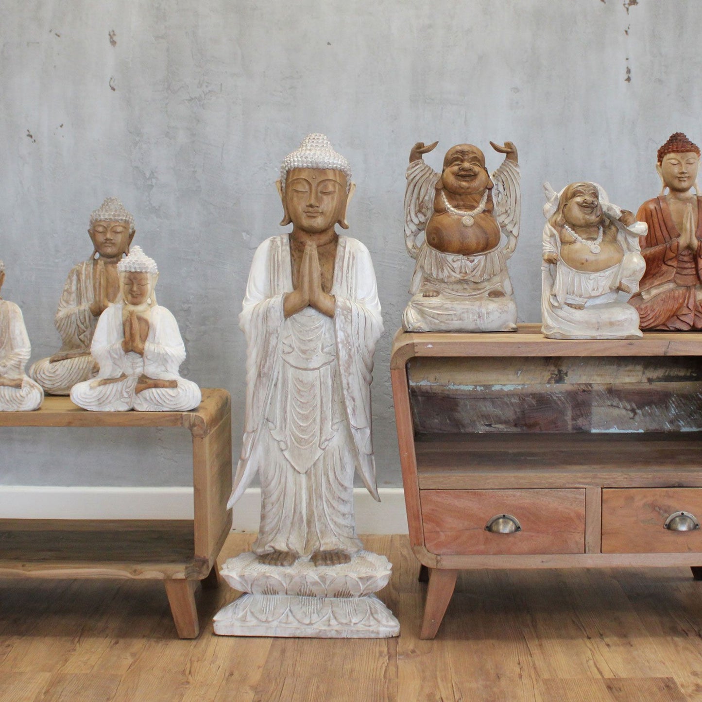Hand Carved Buddha Statue - 100 cm Welcome - Whitewash