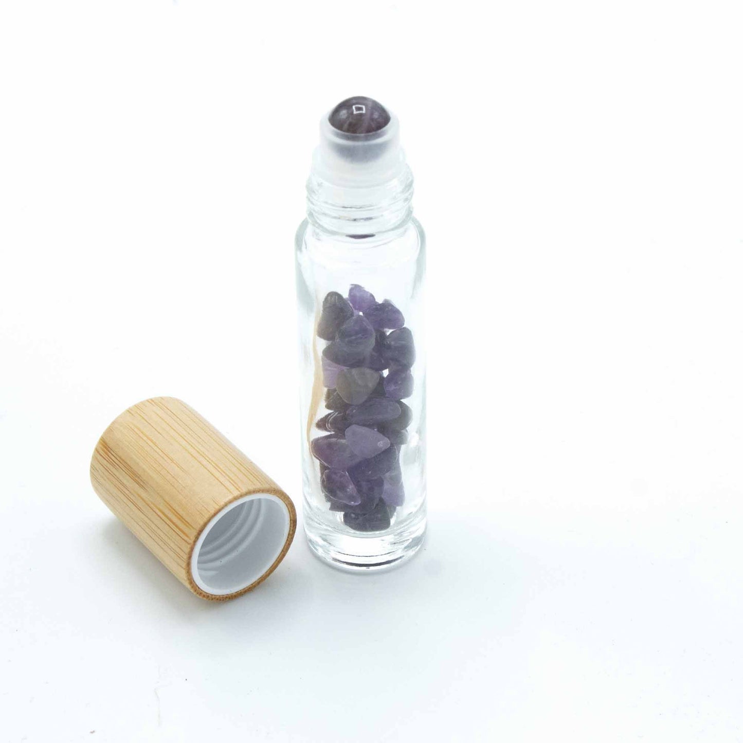 Gemstone Essential Oil Roller Bottle - Amethyst - Wooden Cap + Gemstone Roller Tip for 5ml Bottle - Amethyst