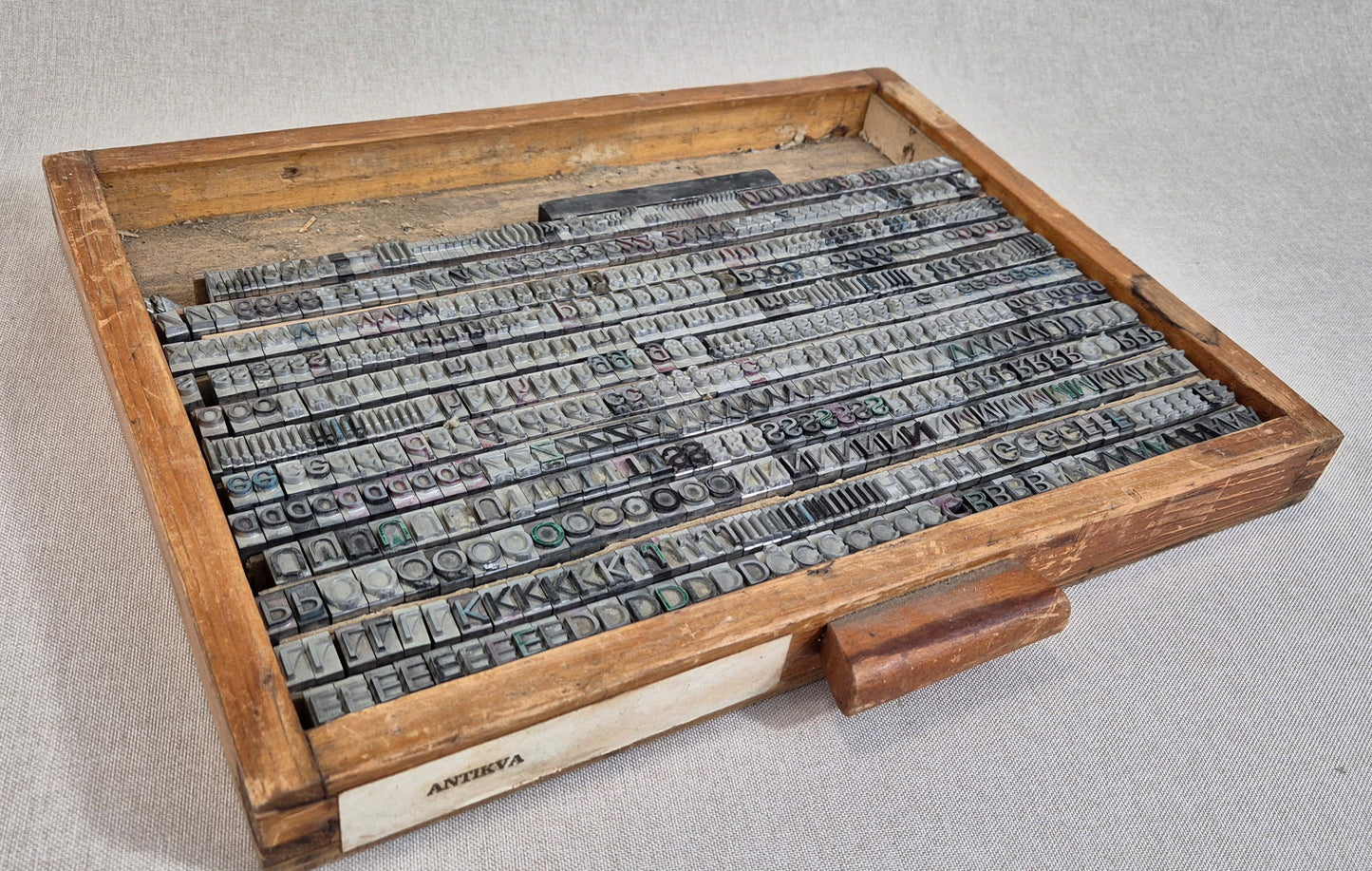 Wood case with lettertype alphabet for art and crafts letterpress printing