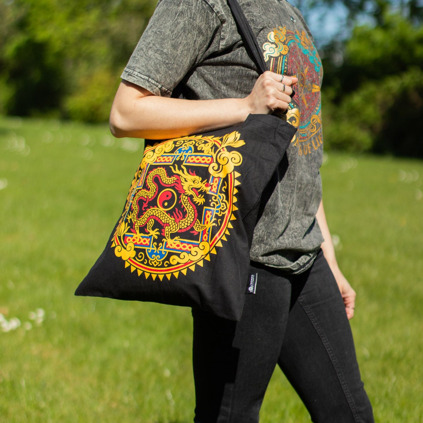 Iconic Classic Tote Bag - Dragon Yin & Yang- Black 6oz