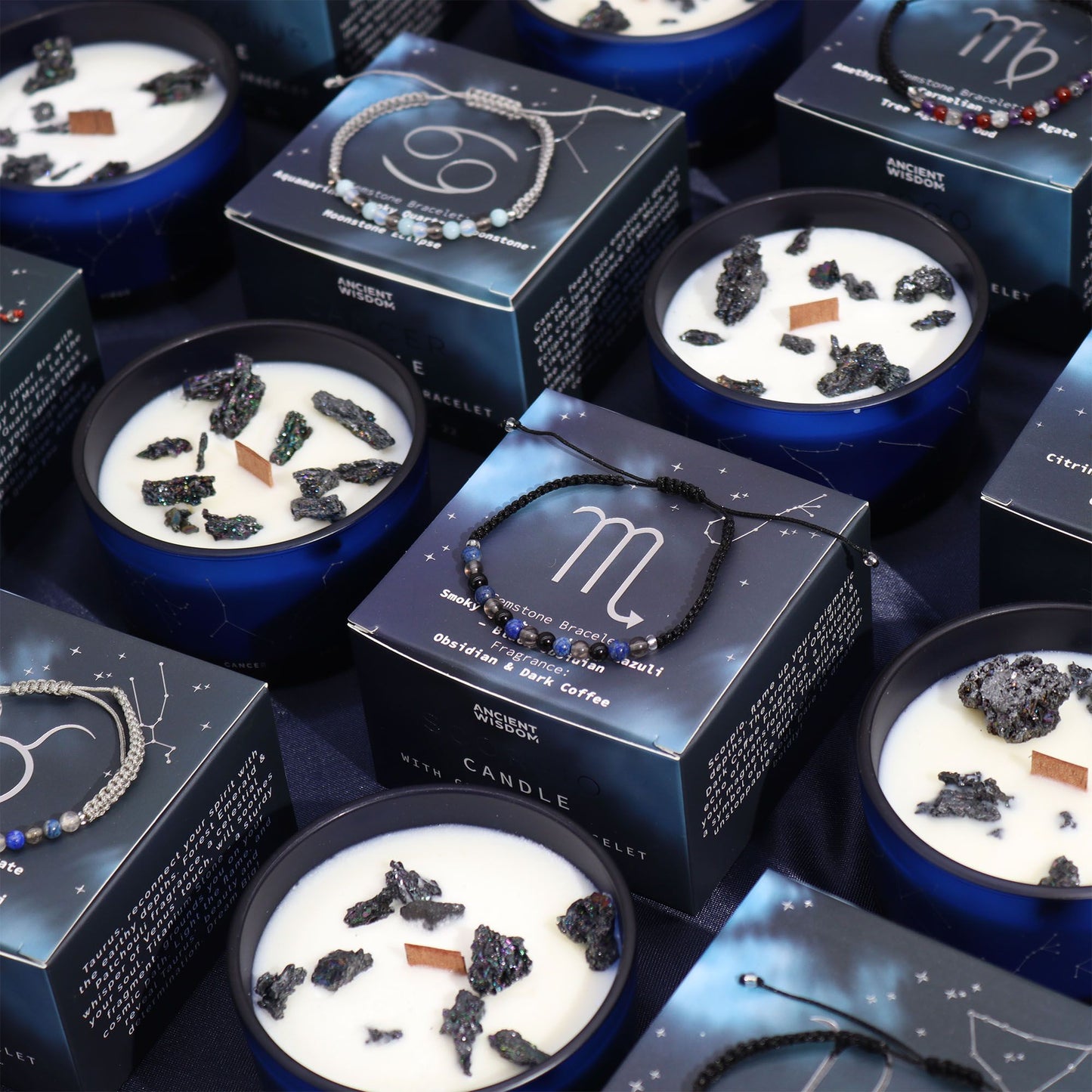 Krištáľová sviečka s drahokamami a náramkom zo zverokruhu - Ryby