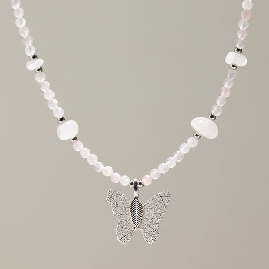 Nymph Rose Quartz Gemstone Necklace with Real Leaf Butterfly Pendant