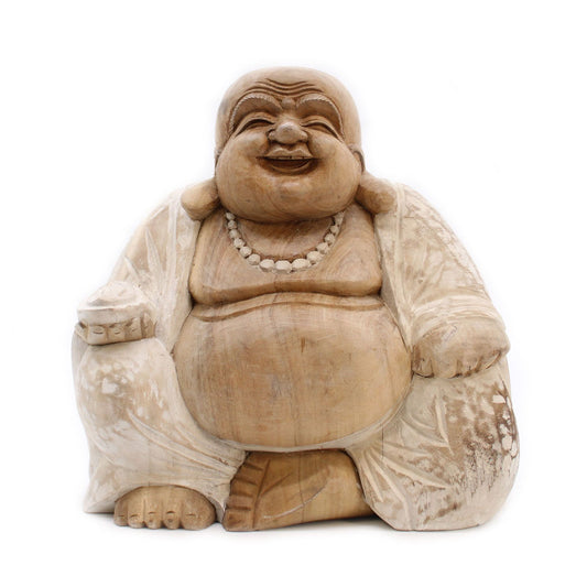 Hand Carved Buddha Statue - 30cm Happy - Whitewash