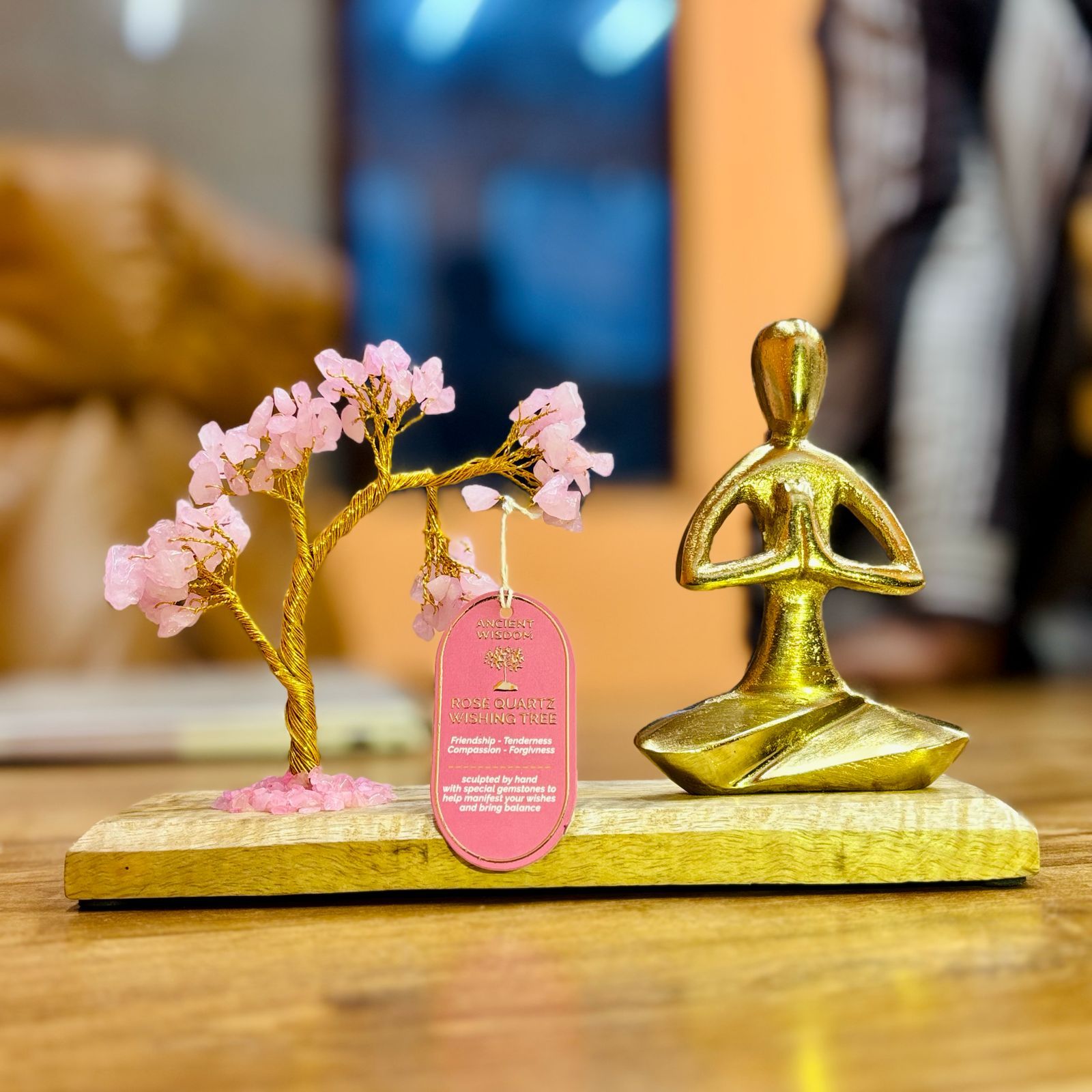 Gemstone Yoga Garden - Namaste Pose - Rose Quartz Tilted Tree - 100 chipstones