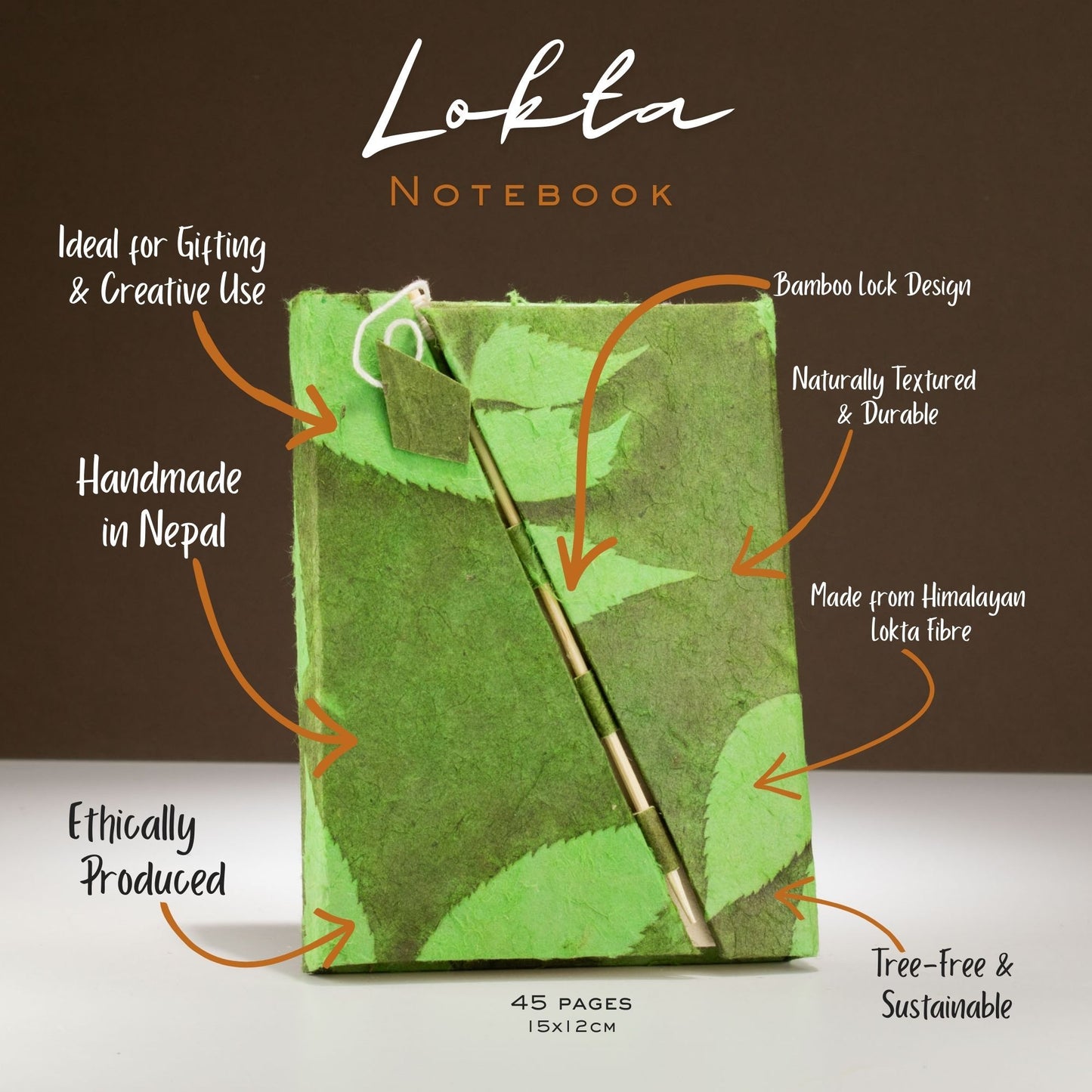 Lokta Bold Floral Bamboo Lock Notebook – Medium (15x12cm) – 45 Leaves – Moss Green