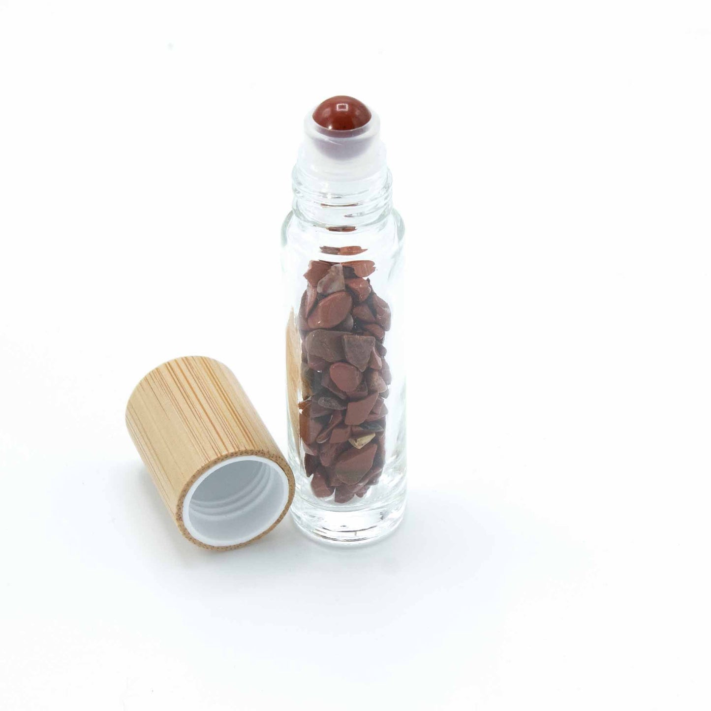 Gemstone Essential Oil Roller Bottle - Red Jasper  - Wooden Cap + Gemstone Roller Tip for 5ml Bottle - Red Jasper