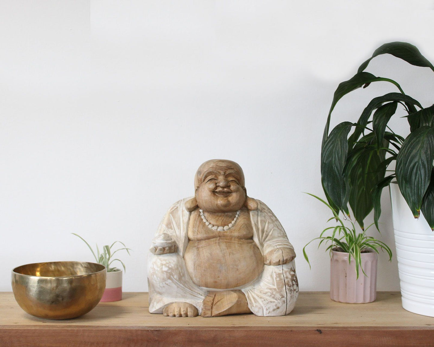 Hand Carved Buddha Statue - 30cm Happy - Whitewash