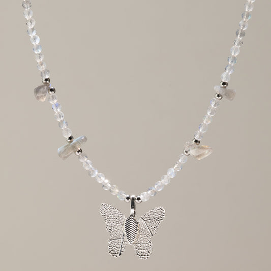 Nymph Labradorite Gemstone Necklace with Real Leaf Butterfly Pendant