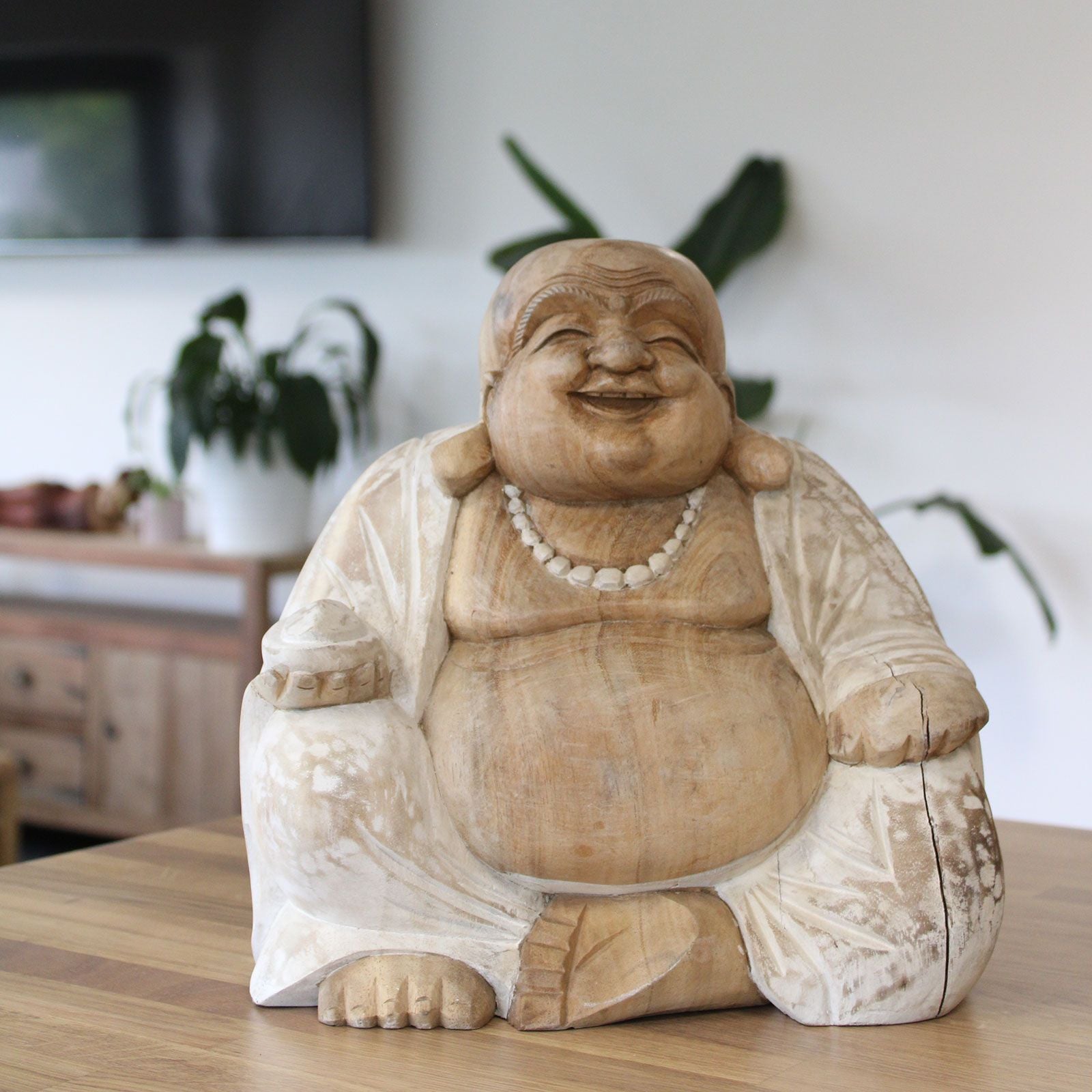 Hand Carved Buddha Statue - 30cm Happy - Whitewash