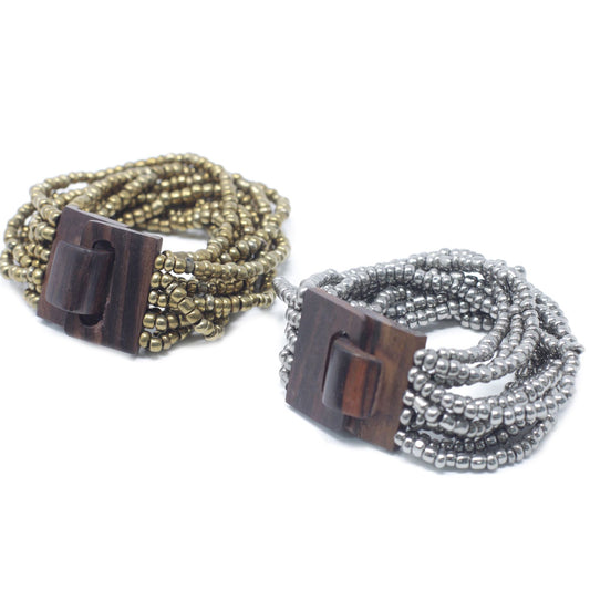 Multi-Bead Bangle Wooden Clasp - Asst Gold/Bronze