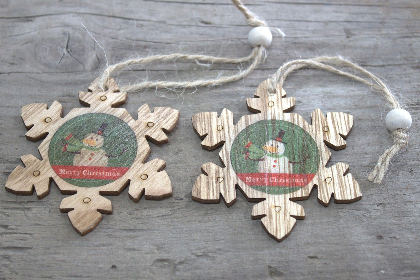 Pack of 2 Christmas Wooden Craft Decoration - Snowflake & Snowman