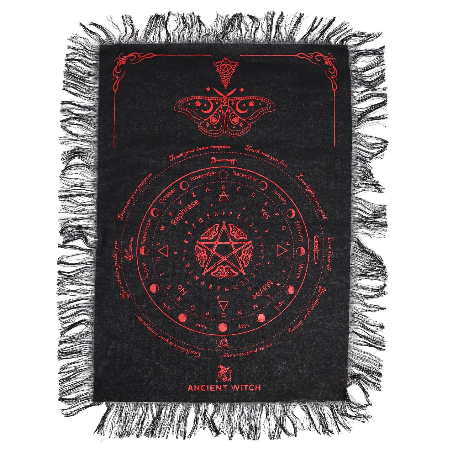 Ancient Witch Pendulum Divination Cloth - Mystic Moth - Black & Blood Red