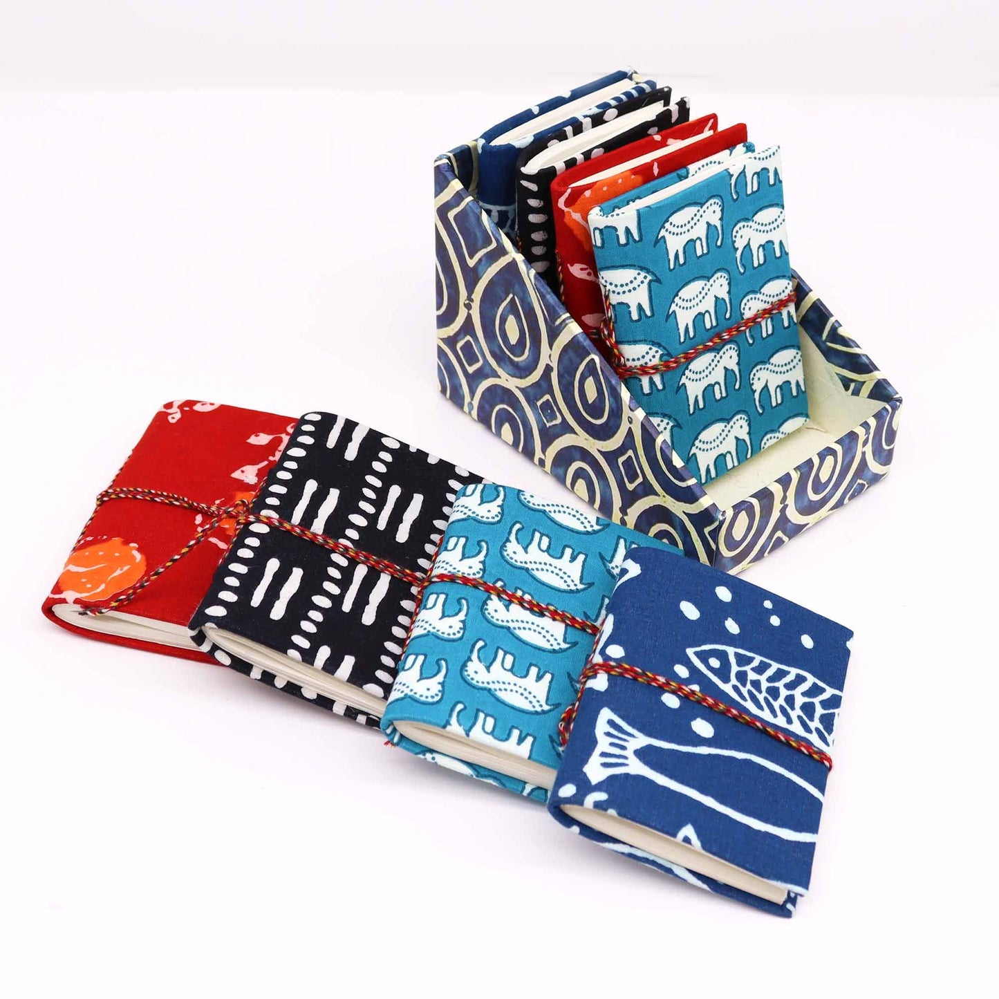 Block Print Cotton Bound Notebooks 7x10cm - Teal Elephants