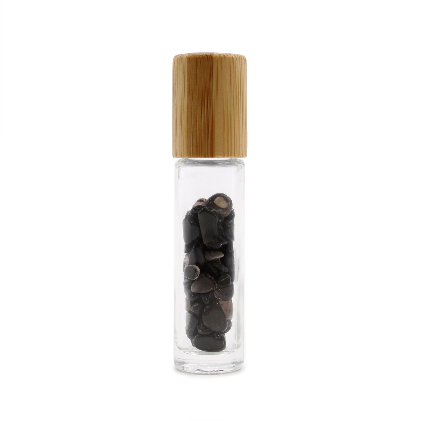 Gemstone Essential Oil Roller Bottle - Black Tourmaline  - Wooden Cap + Gemstone Roller Tip for 5ml Bottle - Black Tourmaline