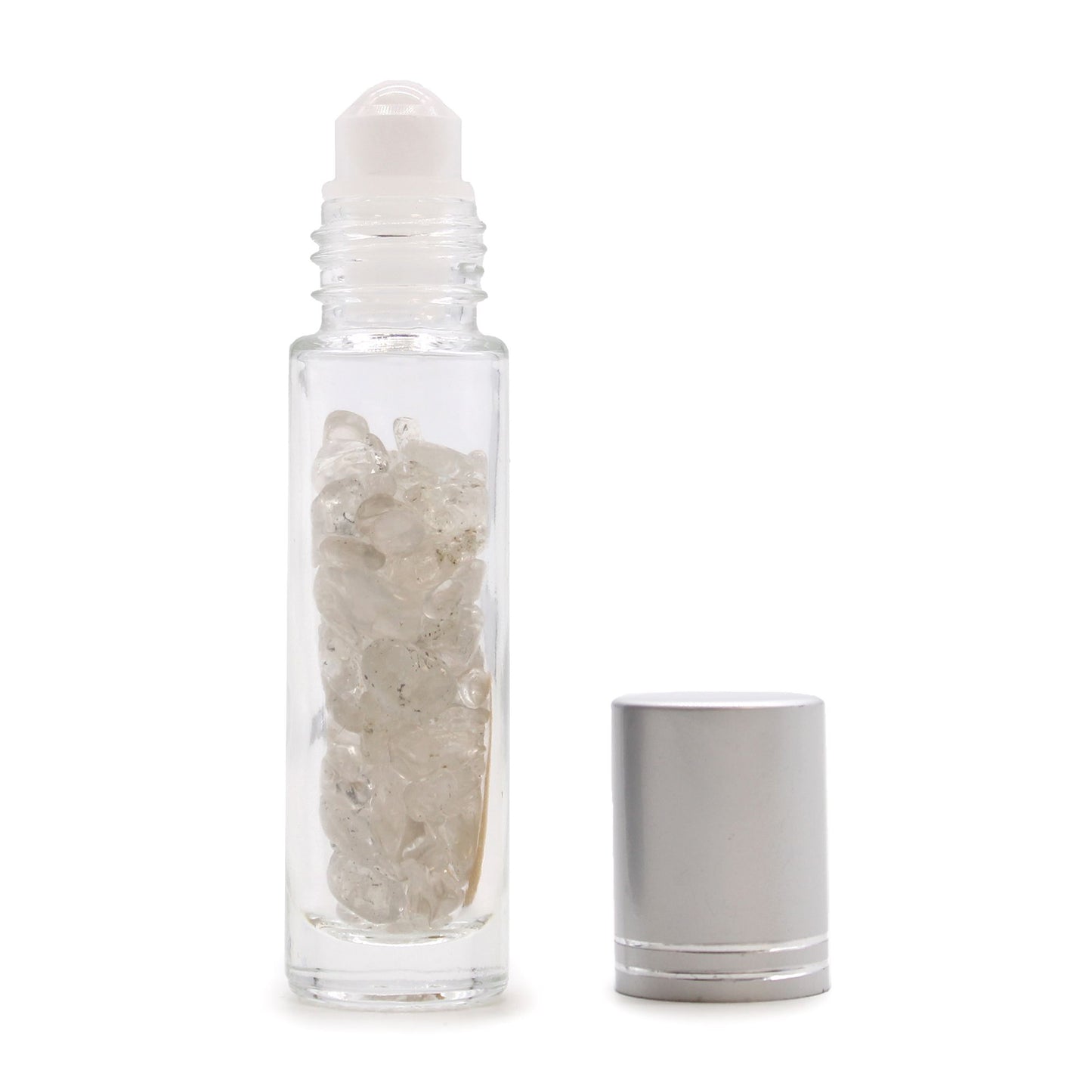 Gemstone Essential Oil Roller Bottle - Rock Quartz  - Silver Cap + Gemstone Roller Tip for 5ml Bottle - Rock Quartz