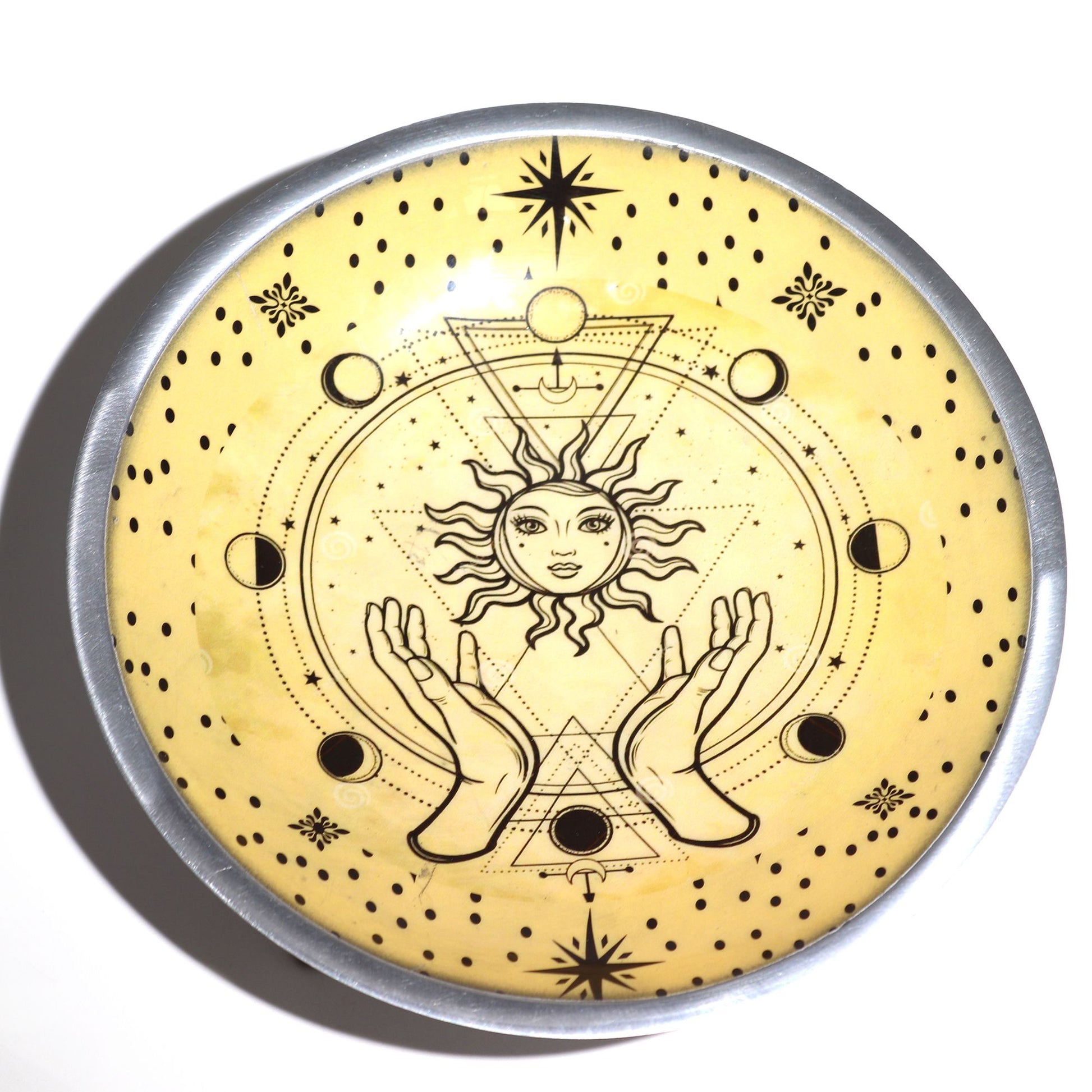 Triple Leg Enameled Offering Plate - Hands & Sun