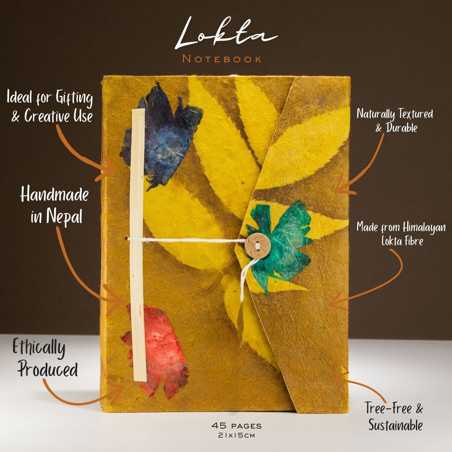 Lokta Bold Floral Notebook – Large (21x15cm) – 45 Leaves – Includes Bookmark – Olive