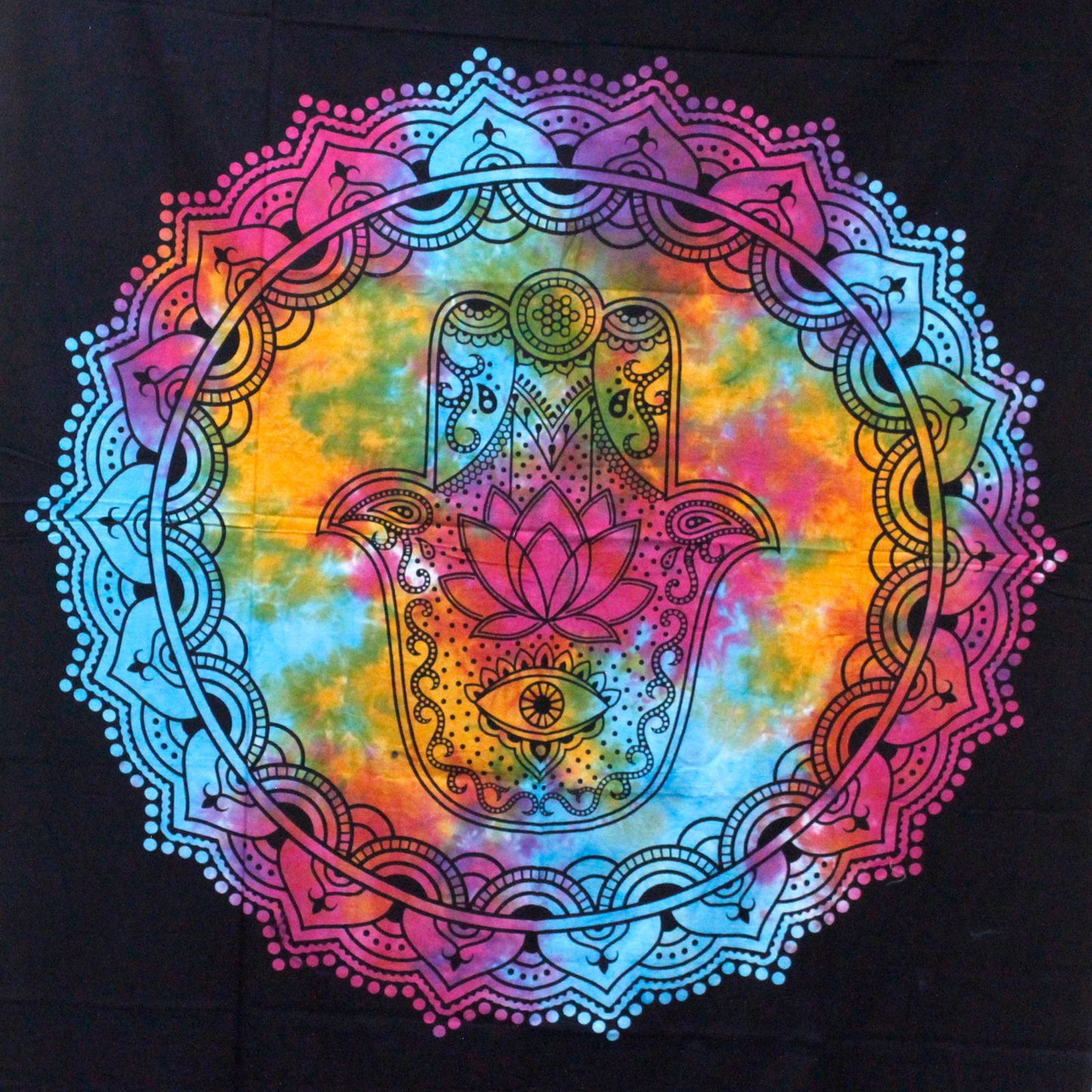 Single Cotton Bedspread + Wall Hanging - Black Hamsa 130cm x 200cm