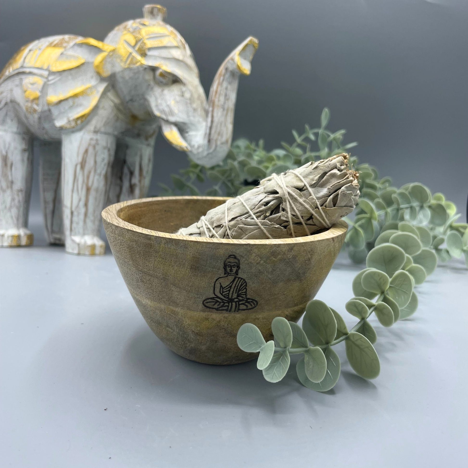 Wooden Smudge and Ritual Offerings Bowl - Buddha - 12x7cm