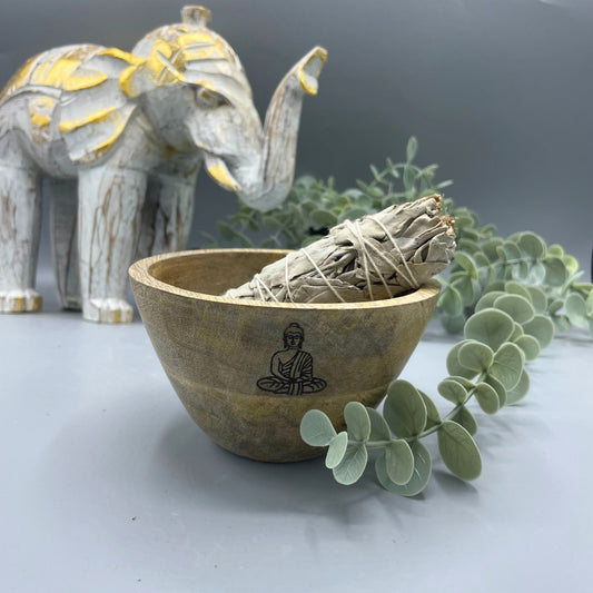 Wooden Smudge and Ritual Offerings Bowl - Buddha - 12x7cm