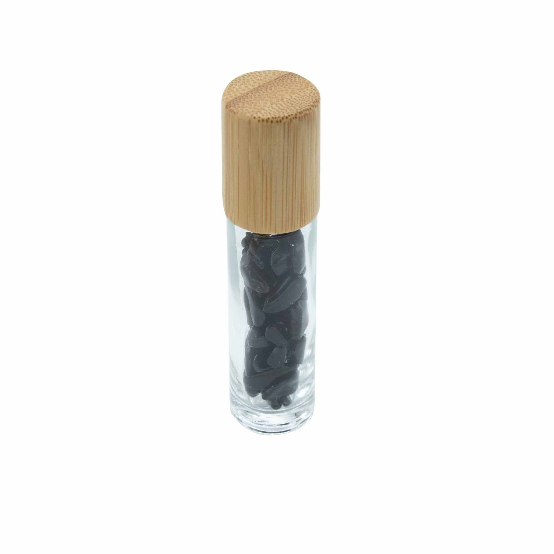Gemstone Essential Oil Roller Bottle - Black Tourmaline  - Wooden Cap + Gemstone Roller Tip for 5ml Bottle - Black Tourmaline