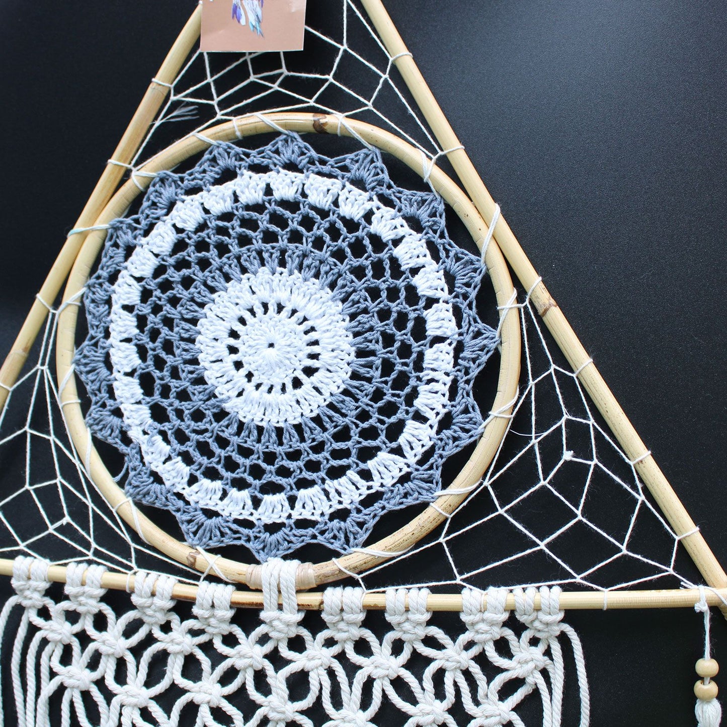 Protection Dream Cather - Lrg Macrame Pyramid White/Grey