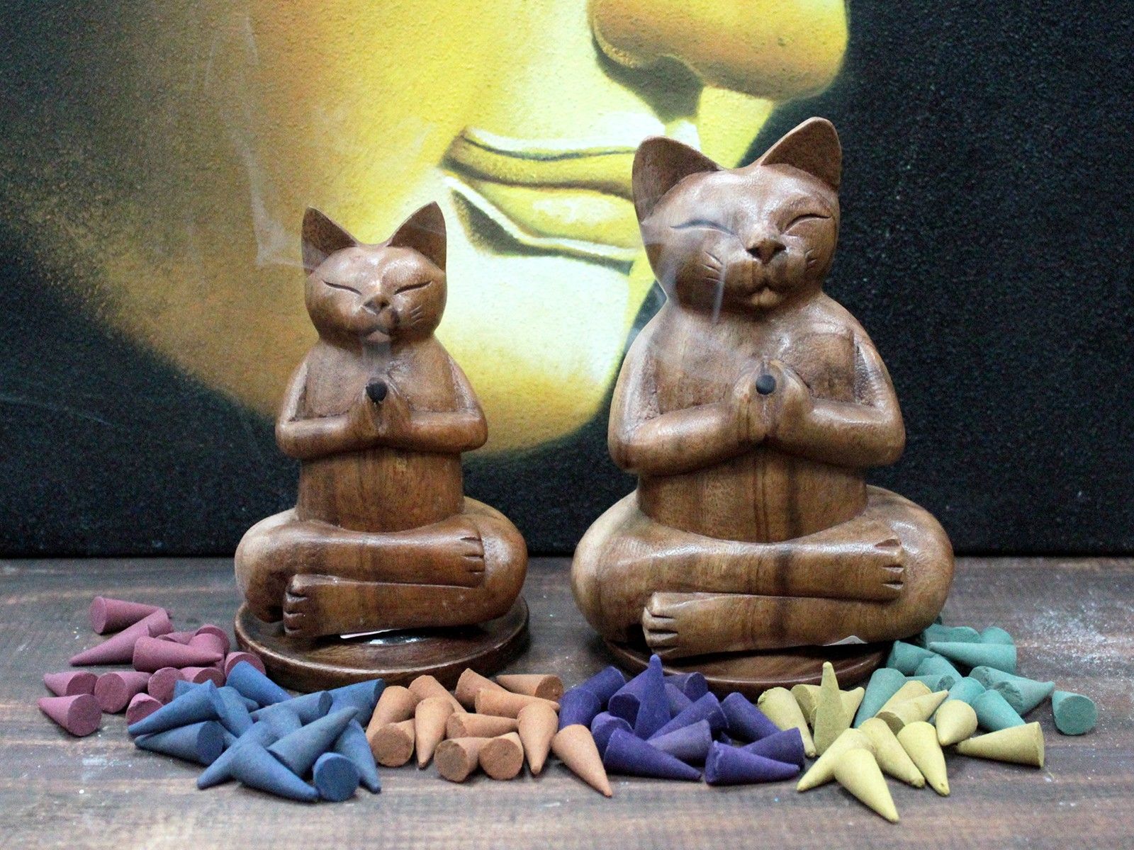 Wooden Carved Incense Burners - Med Yoga Cat