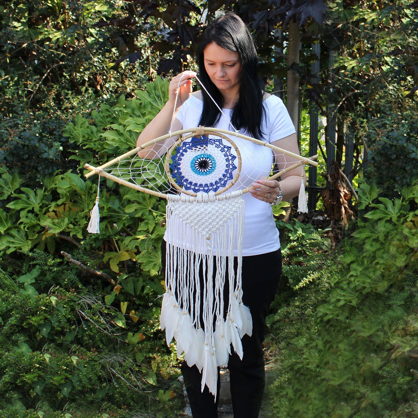 Protection Dream Cather - Lrg Macrame Evil Eye Blue/White/Black