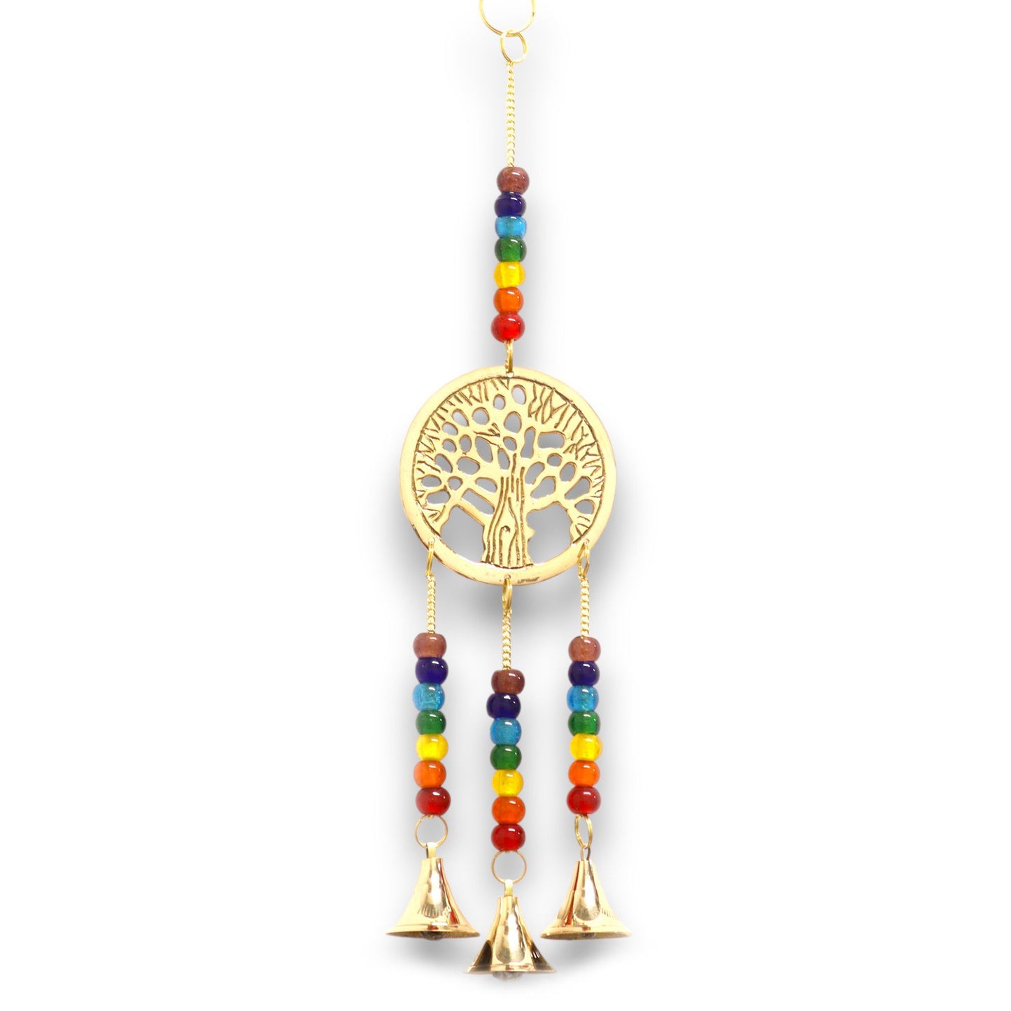 Indian Chimes - Brass Tree of Life with Chakra Beads - 3 Bells - 6.5x31cm