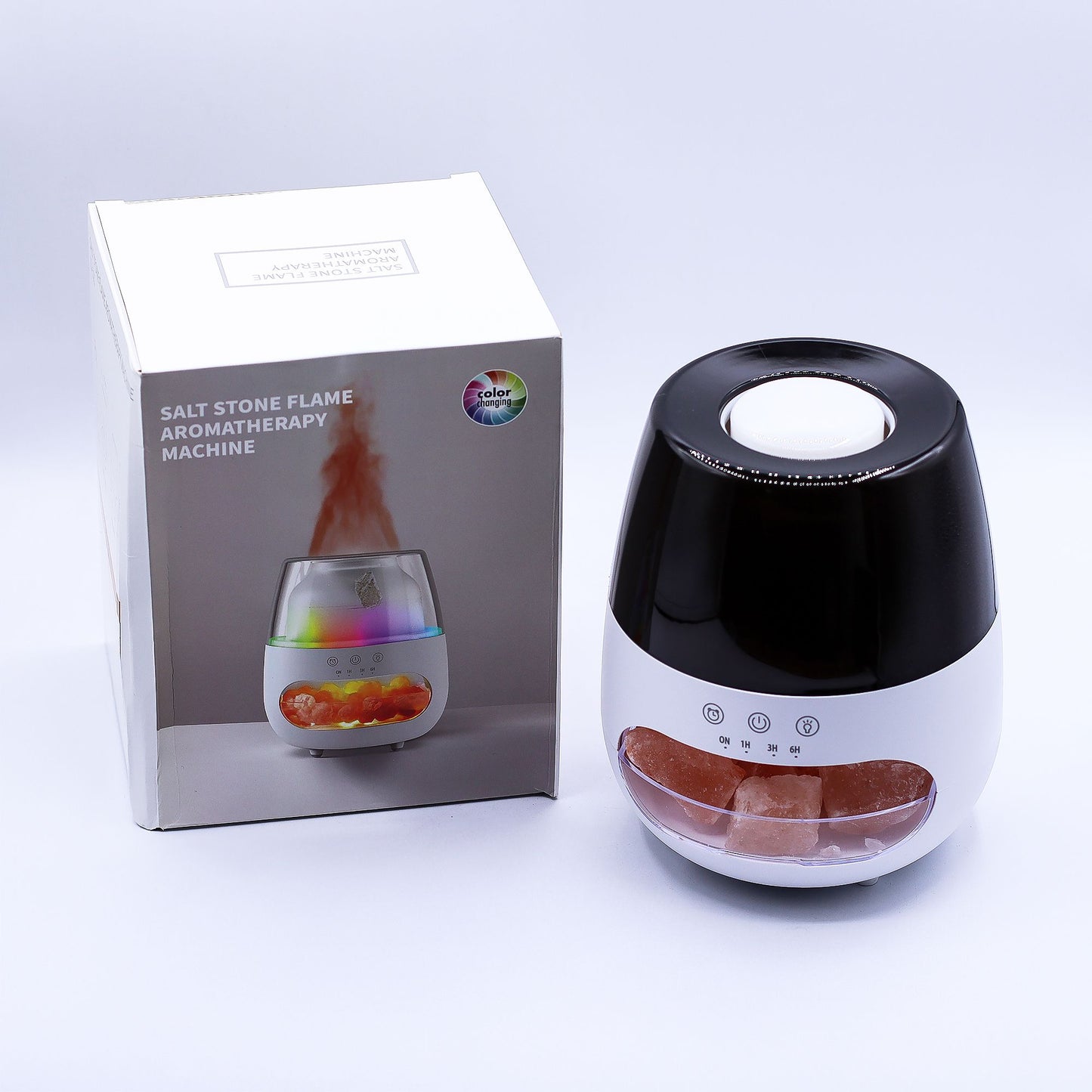 Aróma difuzér s efektom plameňa so soľným kameňom - ​​biely USB - zmena farby a časovač