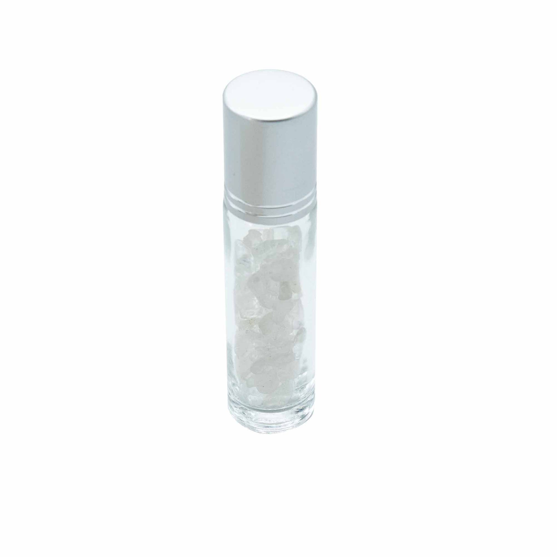 Gemstone Essential Oil Roller Bottle - Rock Quartz  - Silver Cap + Gemstone Roller Tip for 5ml Bottle - Rock Quartz