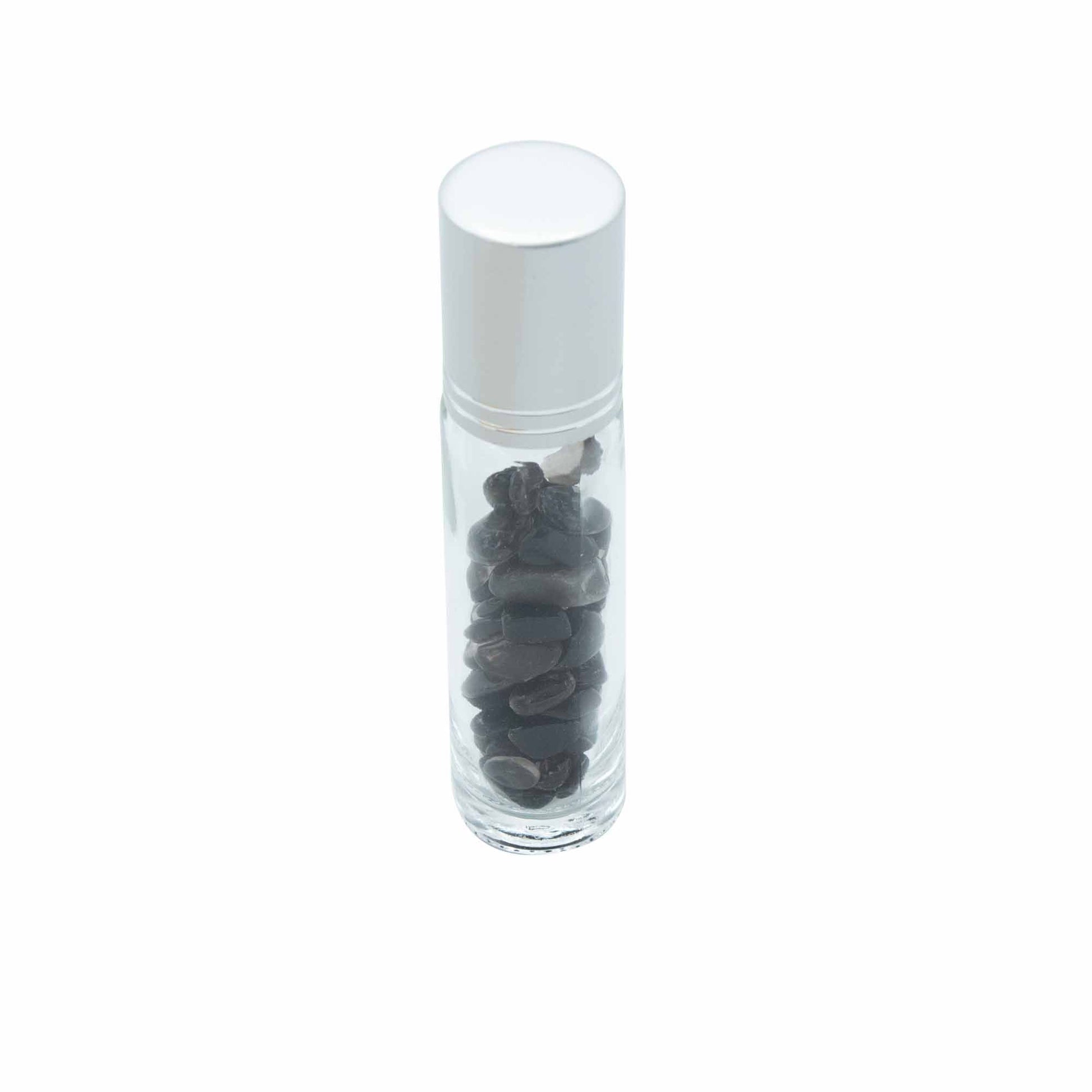 Gemstone Essential Oil Roller Bottle - Black Tourmaline  - Silver Cap + Gemstone Roller Tip for 5ml Bottle - Black Tourmaline