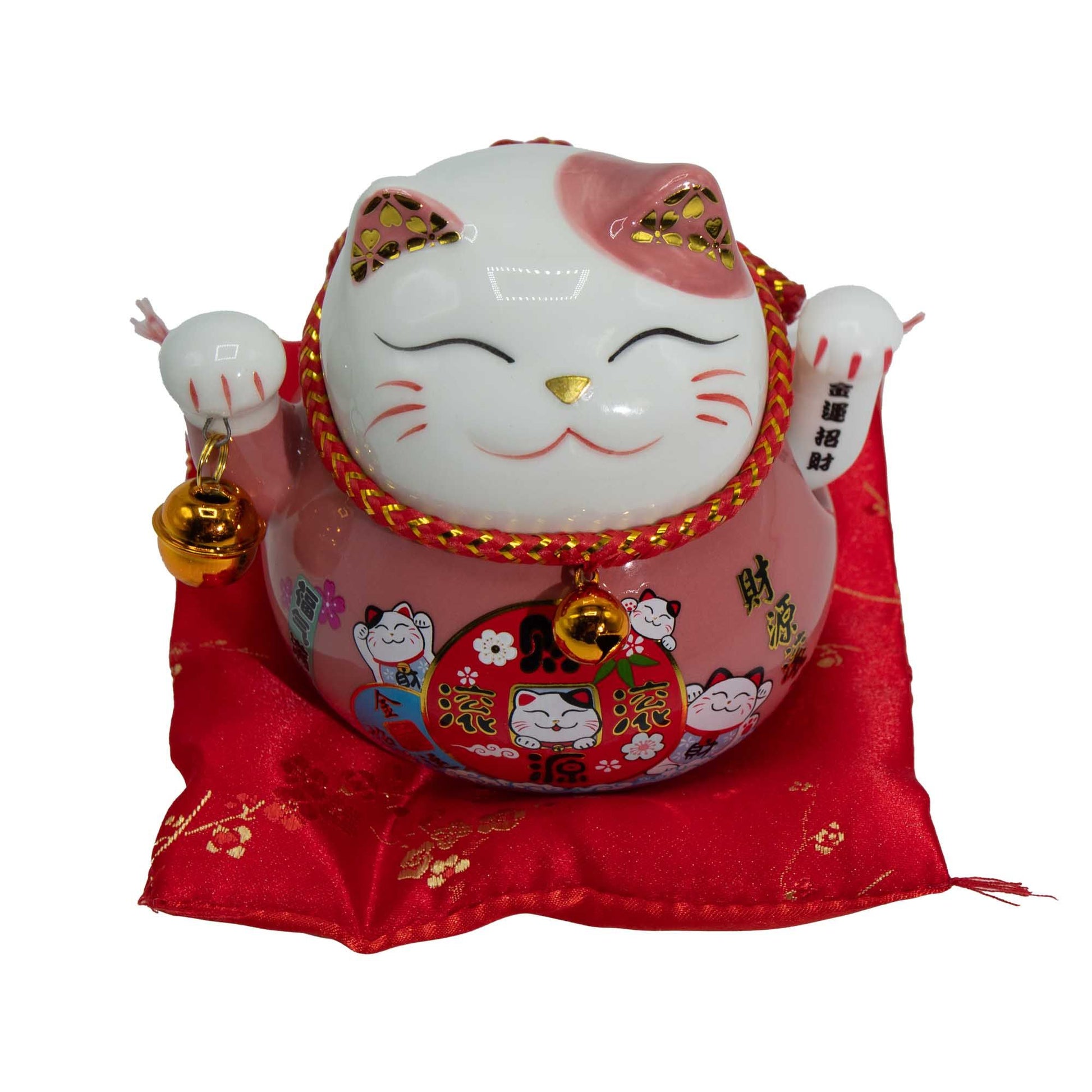 Ceramic Money Cat Moving Hand  - Pink on Cushion (battery not included)
