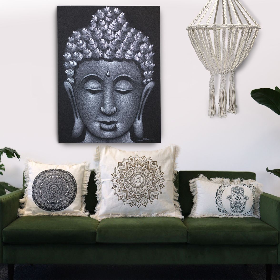 Hamsa Mandala  Cushion - 30x50cm - green