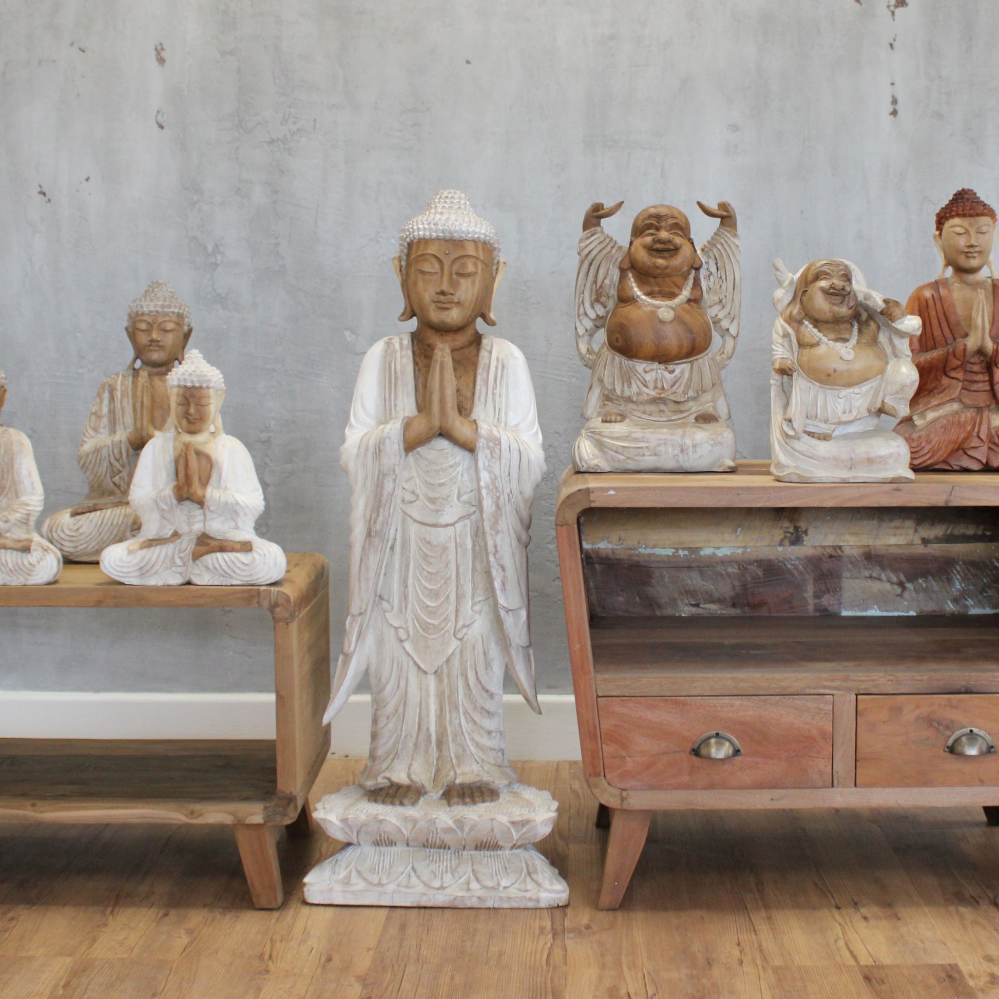 Hand Carved Buddha Statue - 100 cm Welcome - Whitewash