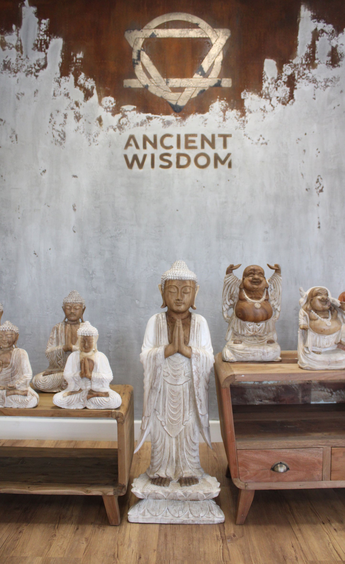 Hand Carved Buddha Statue - 100 cm Welcome - Whitewash