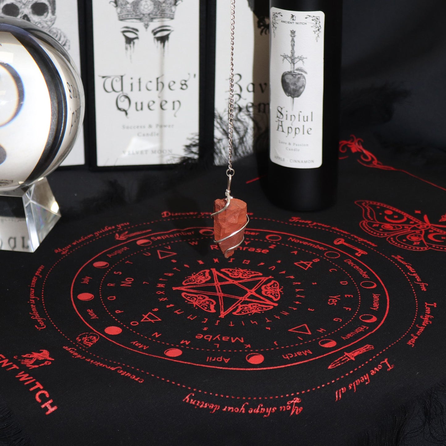 Ancient Witch Pendulum Divination Cloth - Mystic Moth - Black & Blood Red