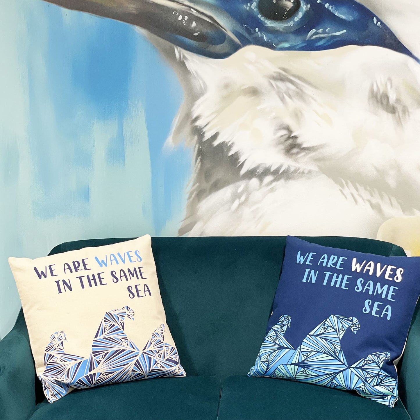 Printed Cotton Cushion Cover - We are Waves - Natural