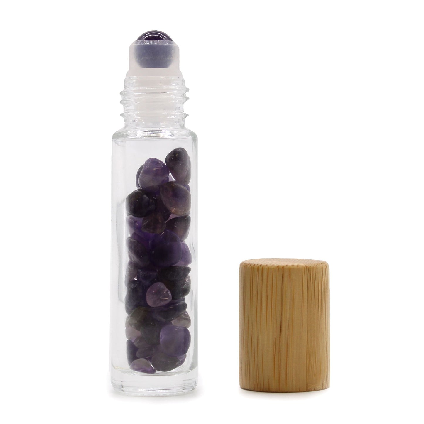 Gemstone Essential Oil Roller Bottle - Amethyst  - Wooden Cap + Gemstone Roller Tip for 5ml Bottle - Amethyst