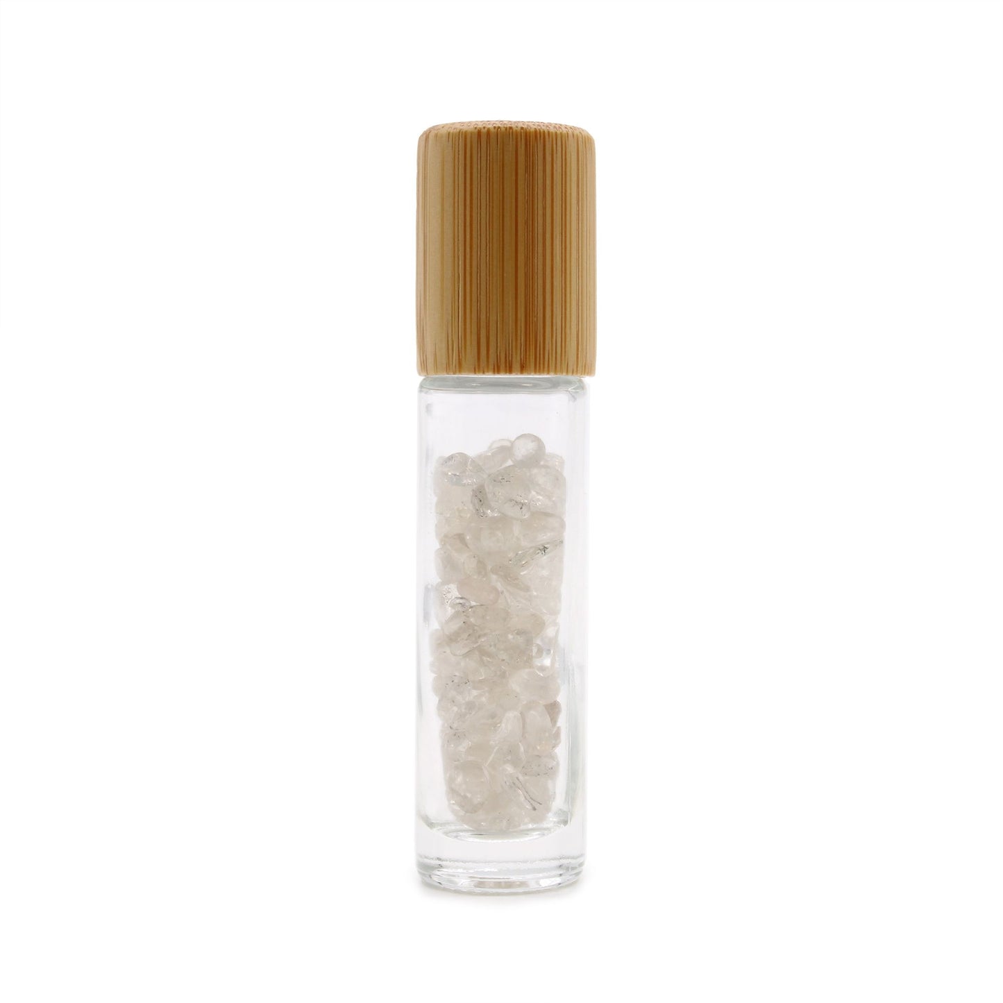 Gemstone Essential Oil Roller Bottle - Rock Quartz  - Wooden Cap + Gemstone Roller Tip for 5ml Bottle - Rock Quartz